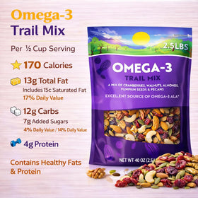 Generic Omega3 Trail Mix featuring walnuts for heart-healthy protein and steady energy.