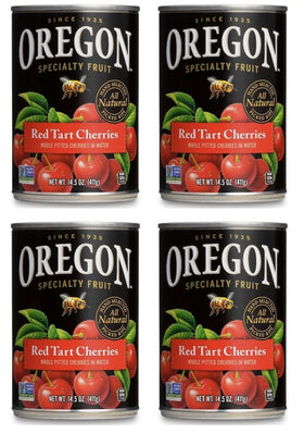 Generic Oregon pitted red tart cherries cans four-pack, ideal for quick pantry baking.