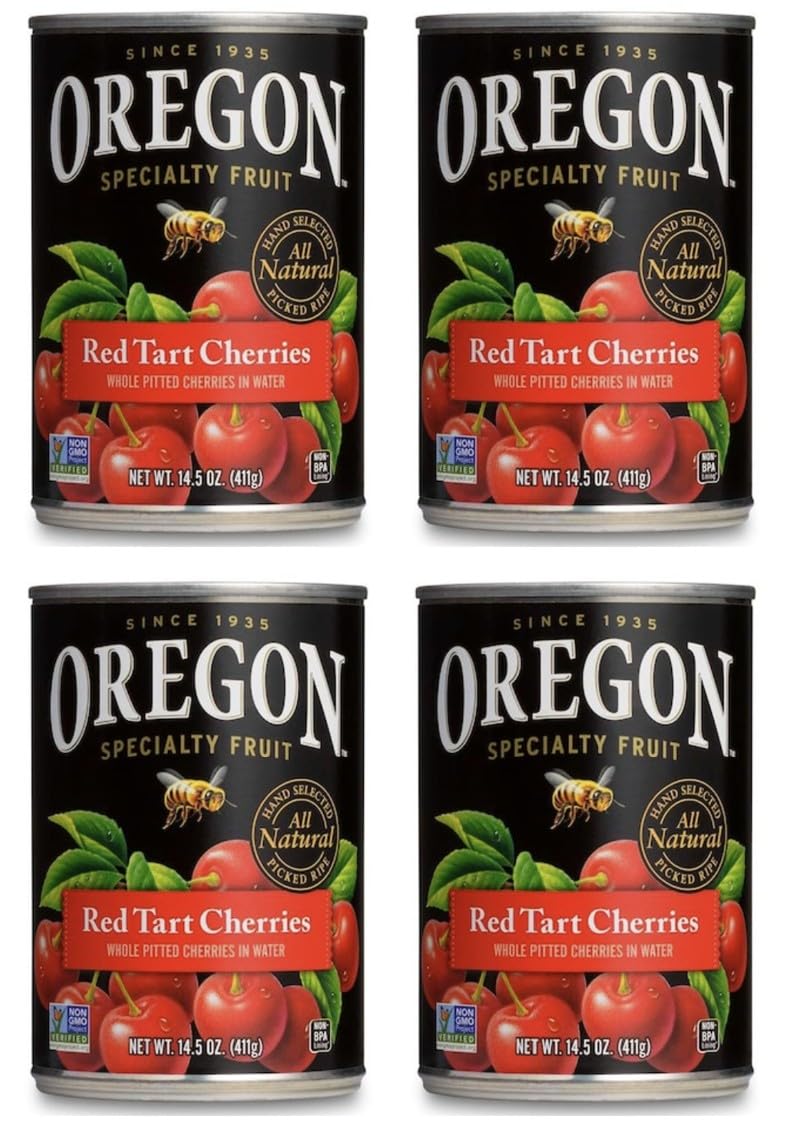Generic Oregon pitted red tart cherries cans four-pack, ideal for quick pantry baking.