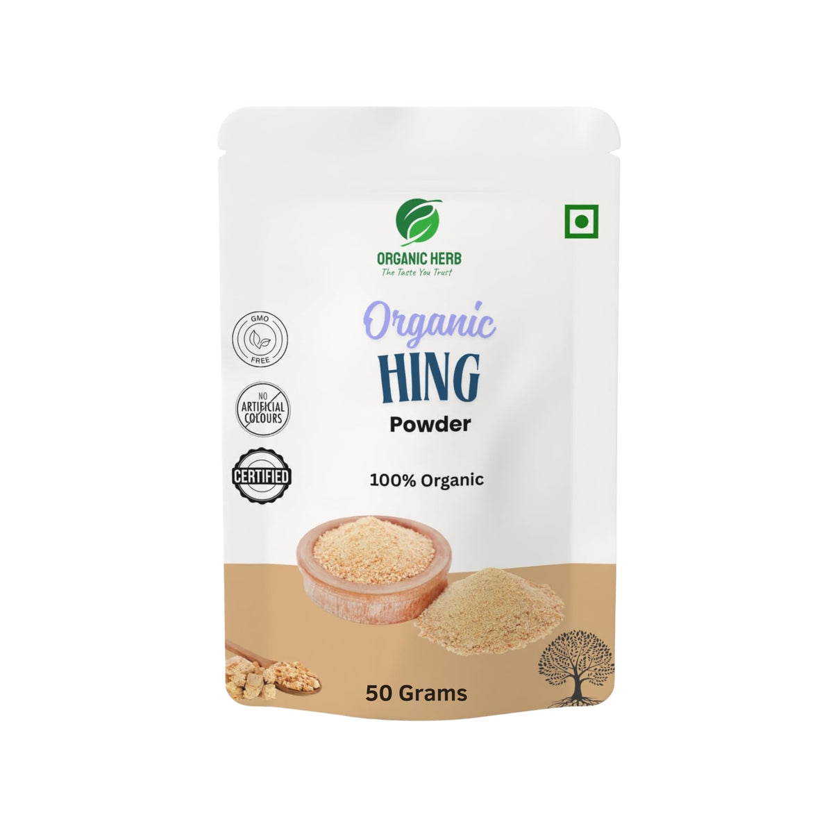 Generic Organic Hing Powder 50g jar front, aroma enhancer for Indian cooking.