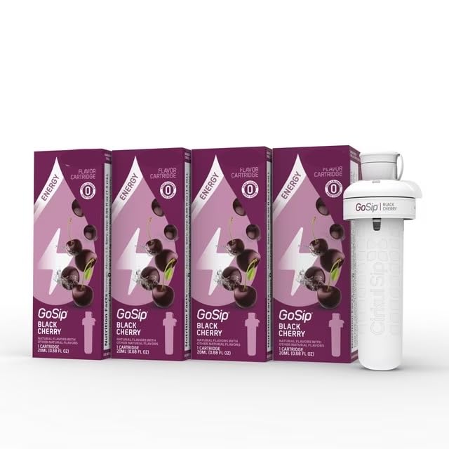 Generic pack of 4 Black Cherry cartridges highlighting zero calories and no sugar for on-the-go flavor.