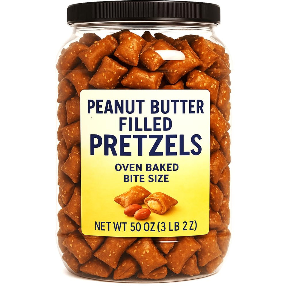 Generic peanut butter filled pretzels in a 50 oz tub, oven-baked bite-size snack, great for sharing.