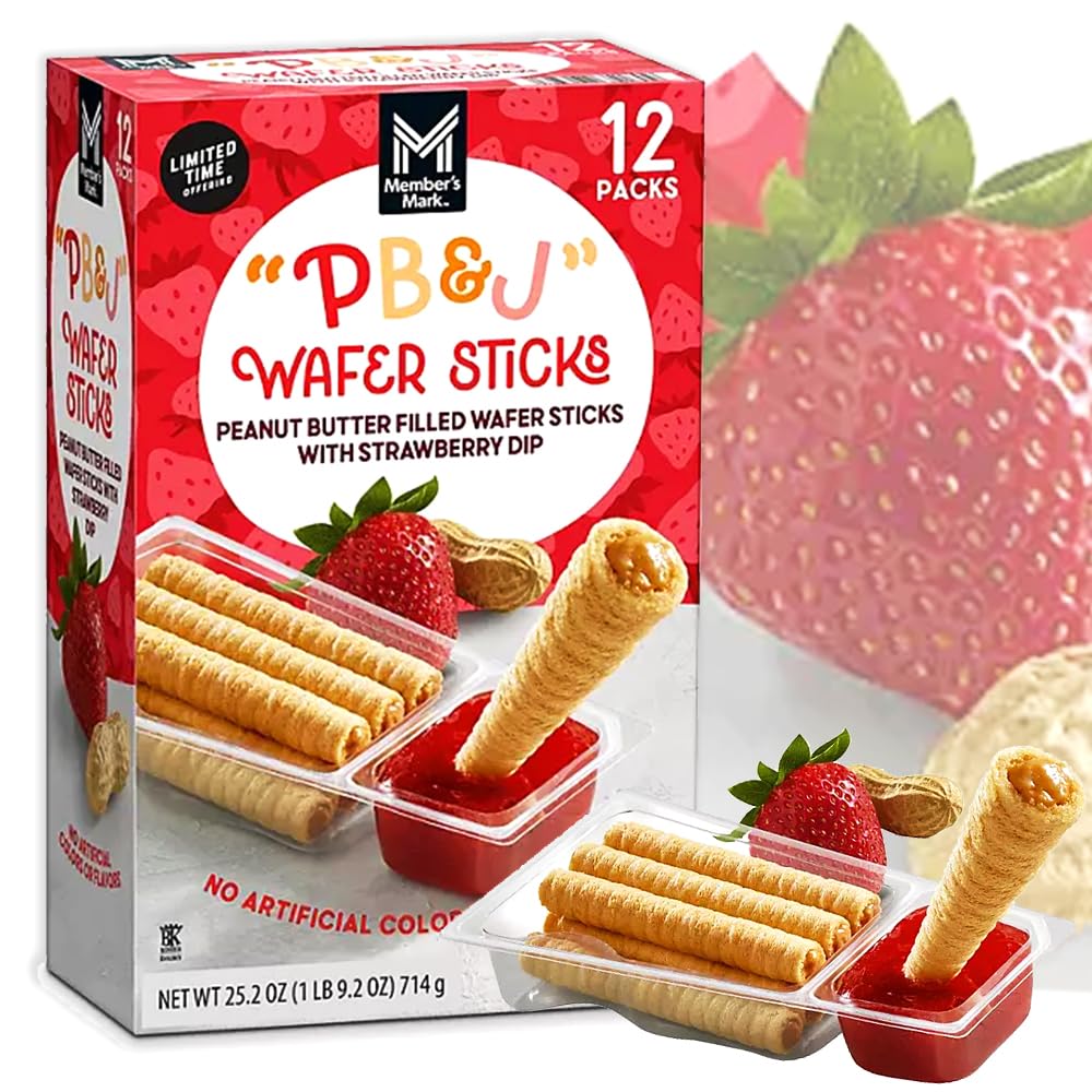 Generic Peanut Butter Rolled Wafer Sticks with Strawberry Dip for party snacks and school lunches.