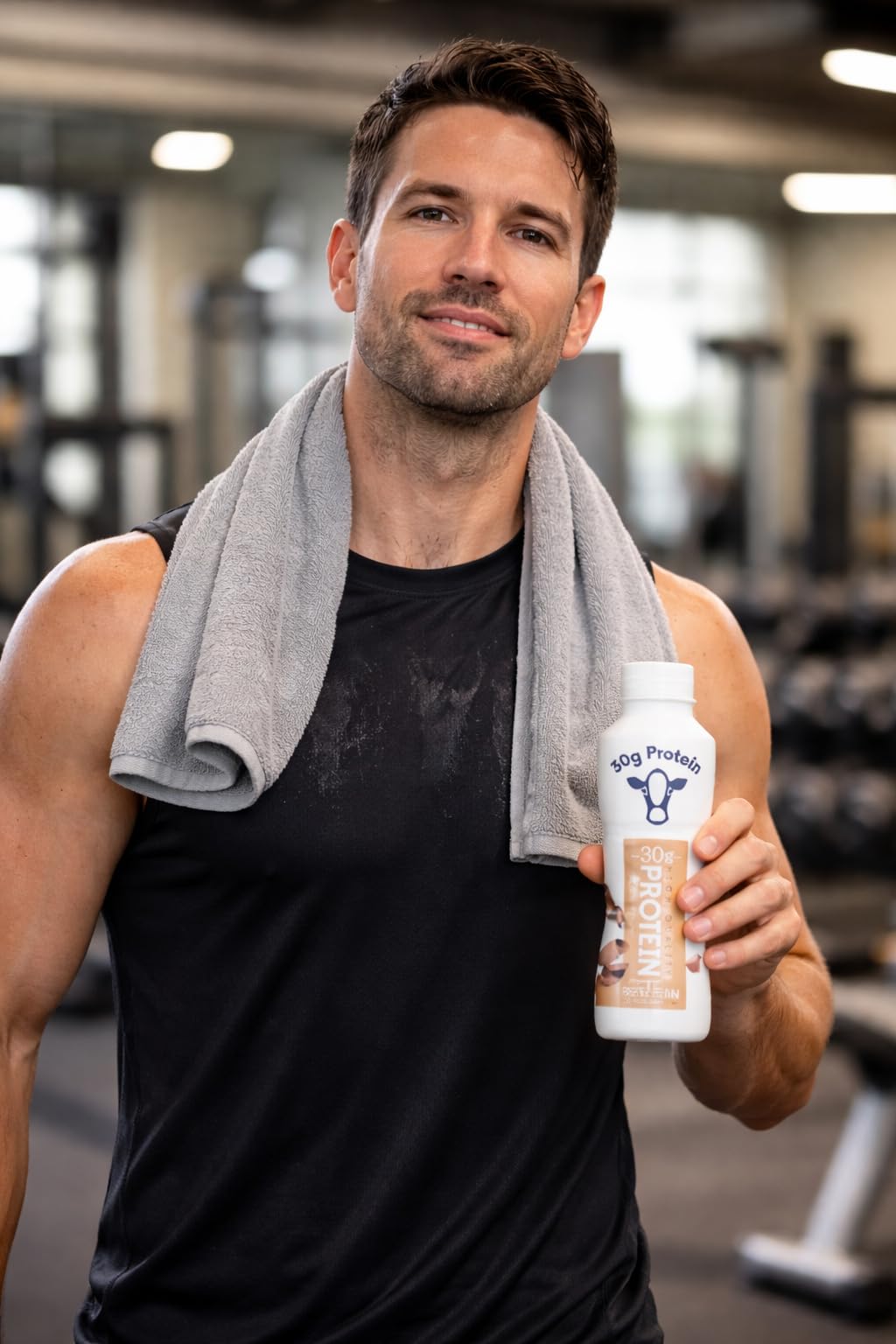 Generic Post-workout chocolate shake bottle with gym backdrop for recovery