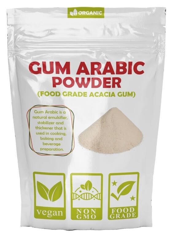 Generic gum arabic powder bottle close-up for baking and watercolor use