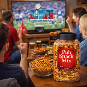 Generic Pub Snack Mix cheddar cheese twistix on table, adds crowd-pleasing flavor.