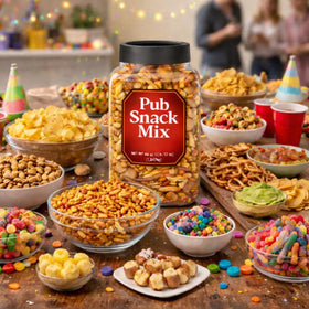 Generic Pub Snack Mix oriental rice crackers served with dips for crunch.