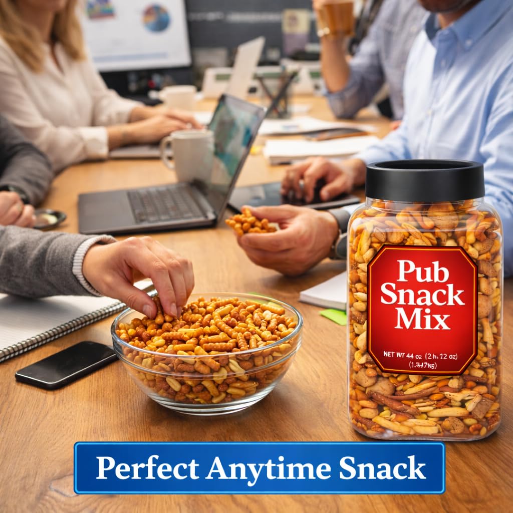 Generic Pub Snack Mix pretzel stix displayed in a barrel for easy scooping.