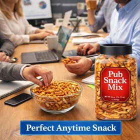 Generic Pub Snack Mix pretzel stix displayed in a barrel for easy scooping.