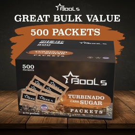 Generic raw sugar packets stacked in bulk packaging for easy restocking.