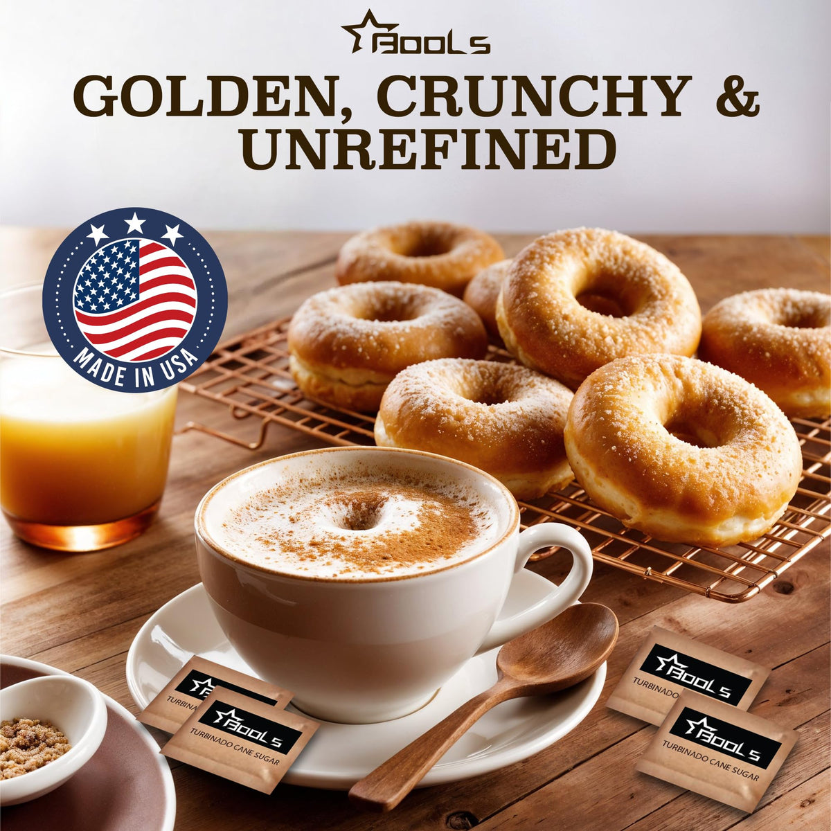 Generic raw sugar packets with tea for a balanced flavor boost in tea.