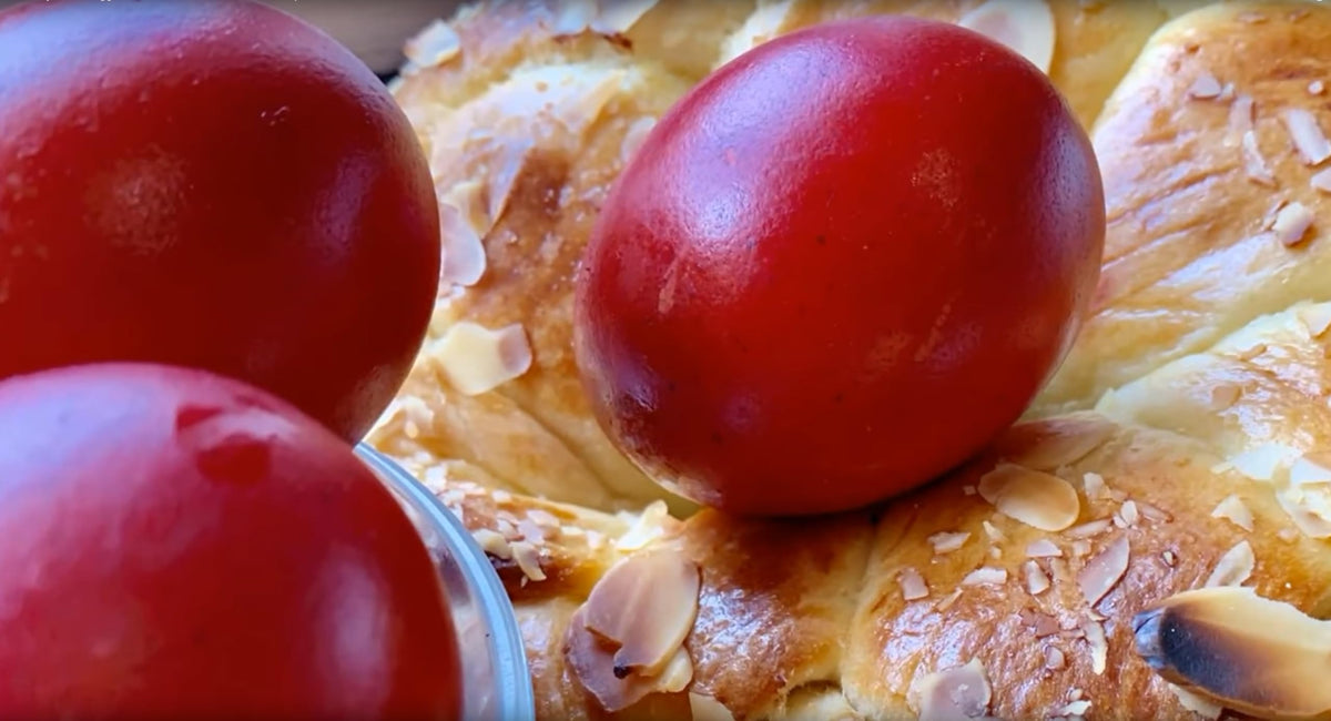 Generic red egg dye colors boiled eggs with a deep finish.