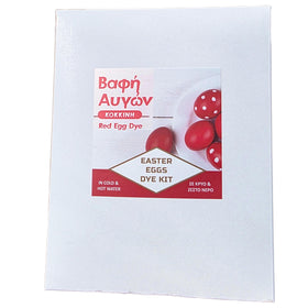 Generic red egg dye kit packaging showcases the complete set for authentic Orthodox Easter coloring.
