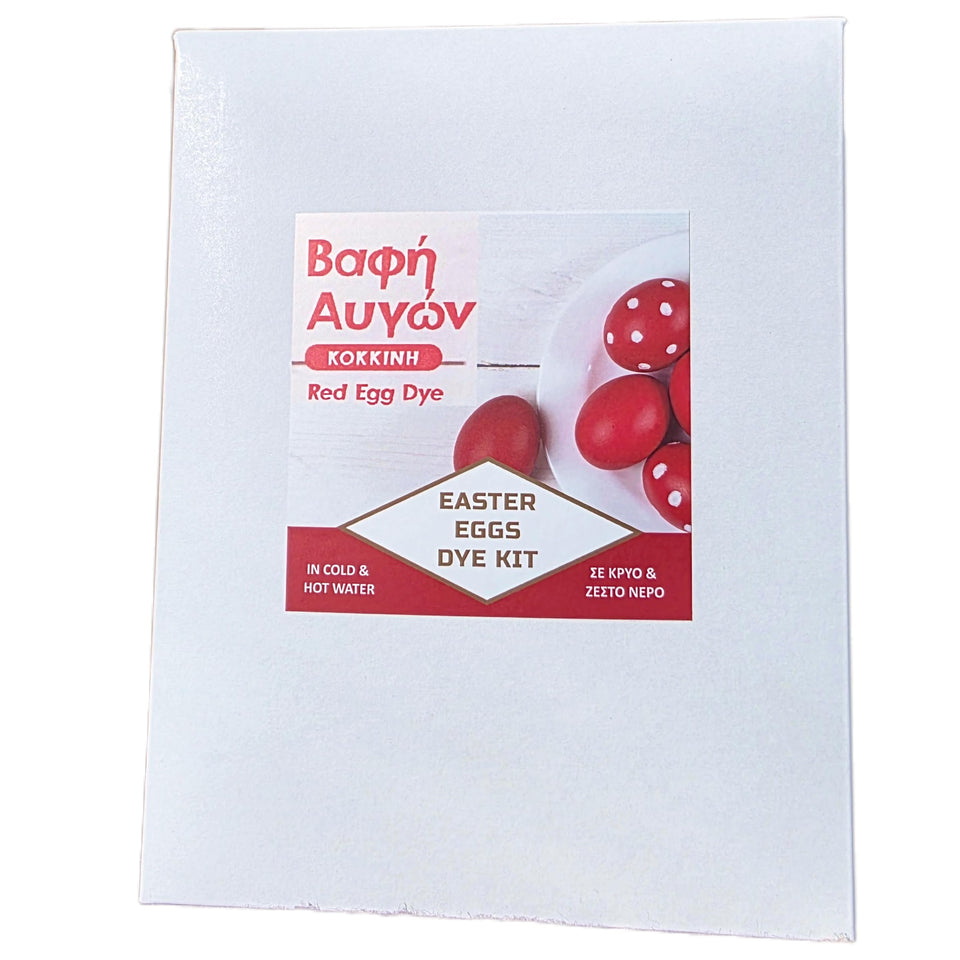 Generic red egg dye kit packaging showcases the complete set for authentic Orthodox Easter coloring.