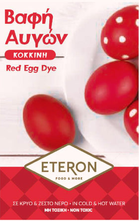 Generic red egg dye pack colors Greek Easter eggs vividly.