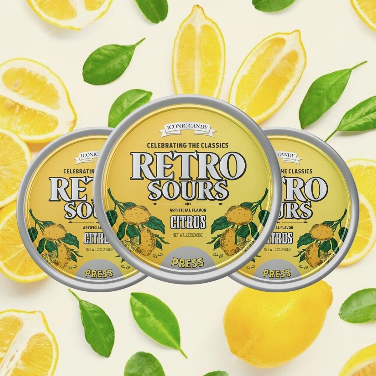 Generic Retro Sours Citrus tin—a tangy citrus candy for nostalgic snacking.