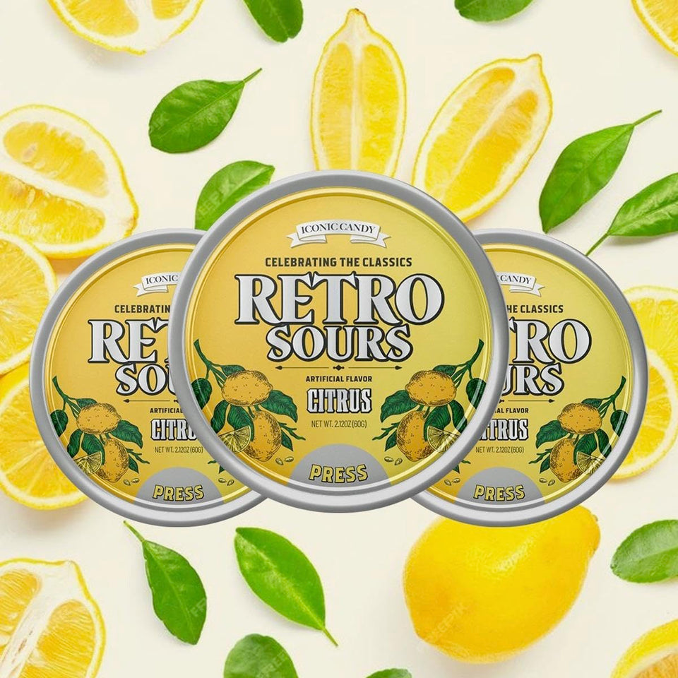 Generic Retro Sours Citrus tin—a tangy citrus candy for nostalgic snacking.