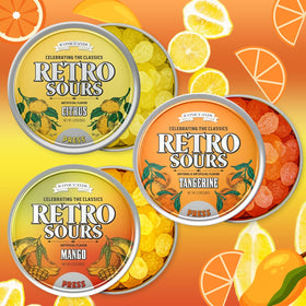 Generic Retro Sours colorful fruit sours in tins, ideal for nostalgic gatherings and gifting