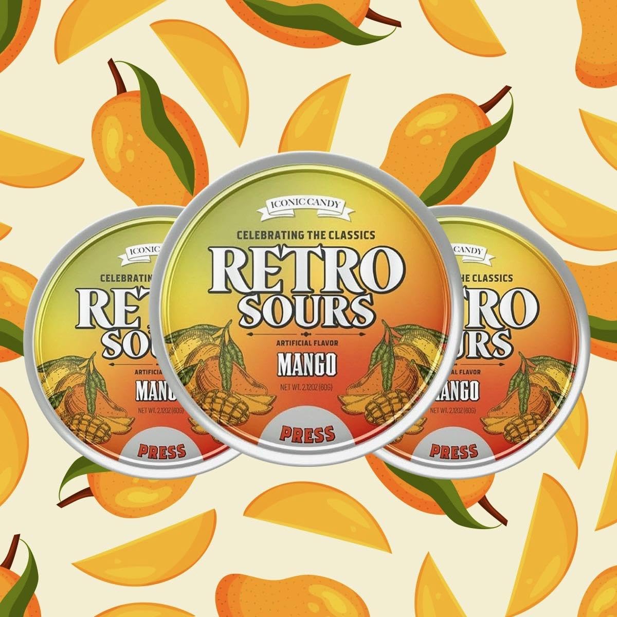 Generic Retro Sours Mango Tin showing vintage packaging and tangy candies, ideal for gifting.
