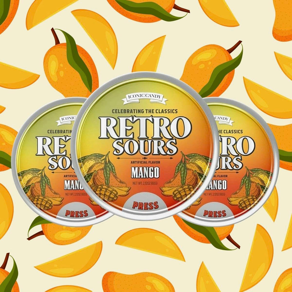 Generic Retro Sours Mango Tin showing vintage packaging and tangy candies, ideal for gifting.