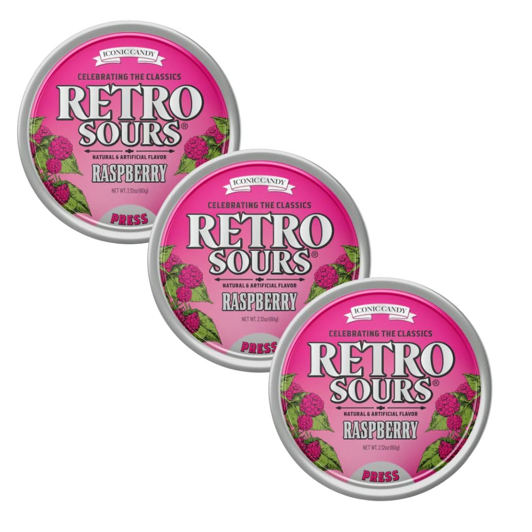 Generic Retro Sours Raspberry tin front, ideal for on-the-go tart flavor.