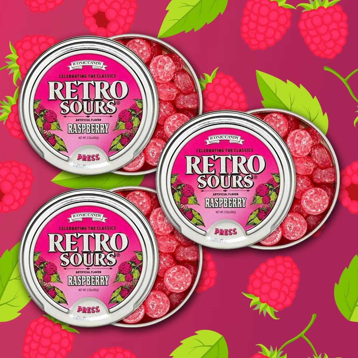 Generic Retro Sours Raspberry tin offers tangy berry candy perfect for snacking or gifting