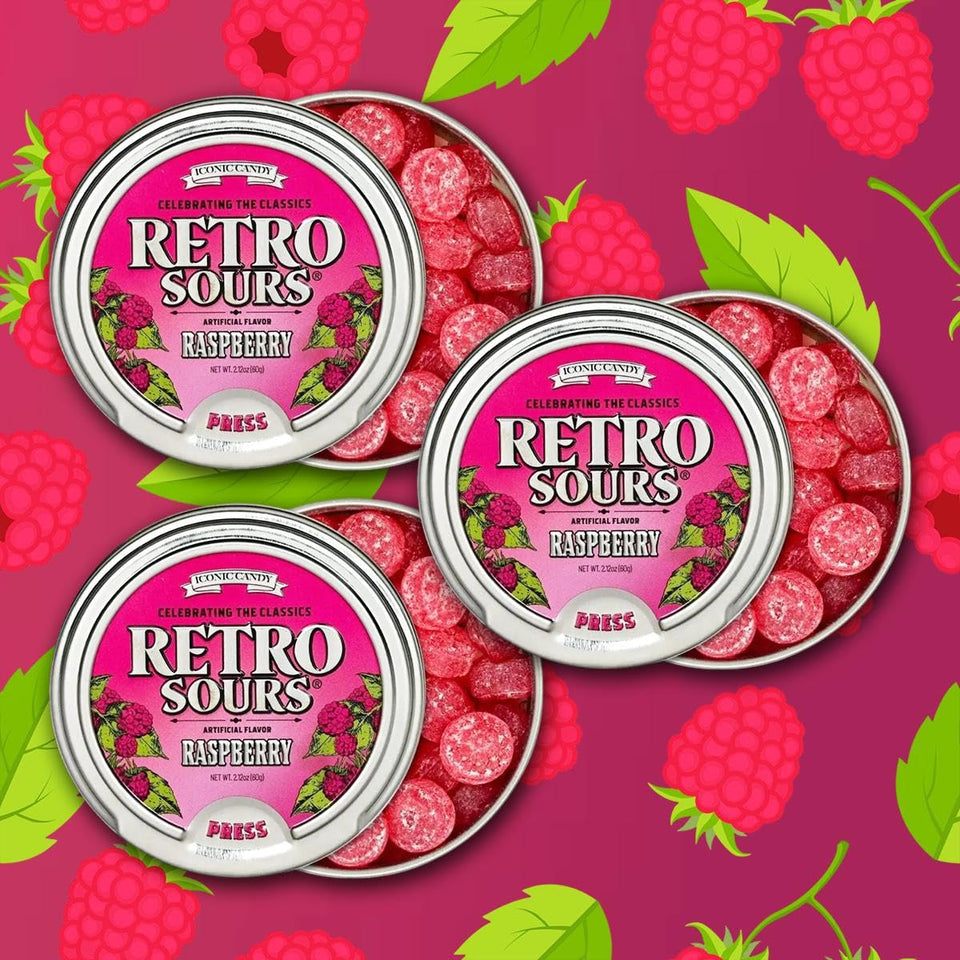 Generic Retro Sours Raspberry tin offers tangy berry candy perfect for snacking or gifting