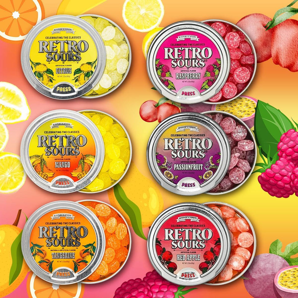 Generic Retro Sours tins collection delivers nostalgic tangy flavors for snacking and gifting