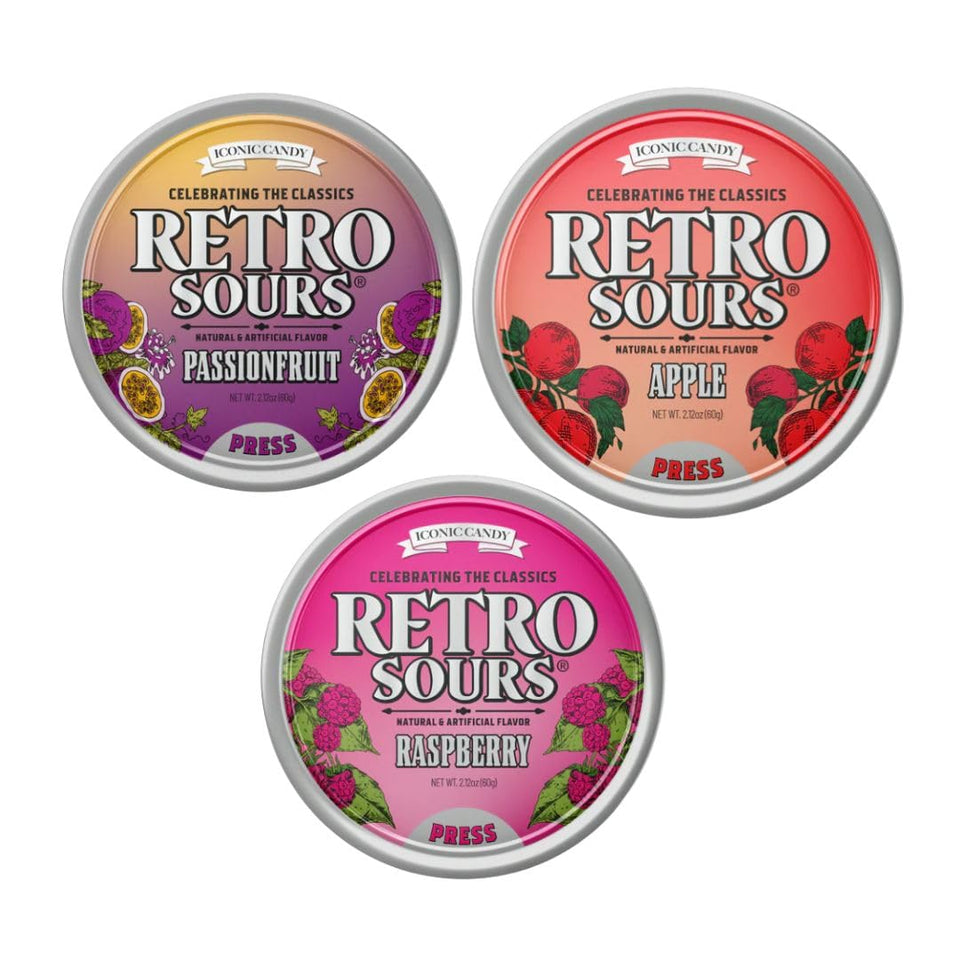 Generic Retro Sours trio tin featuring Apple, Raspberry, and Passionfruit flavors for on-the-go snacking.