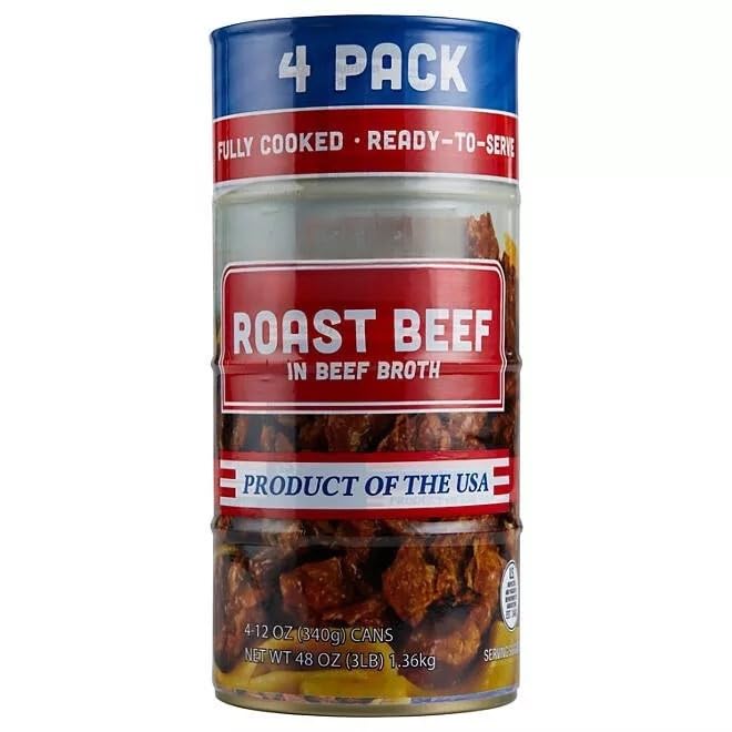 Generic roast beef in beef broth can 12oz 4-pack ready to serve for quick meals