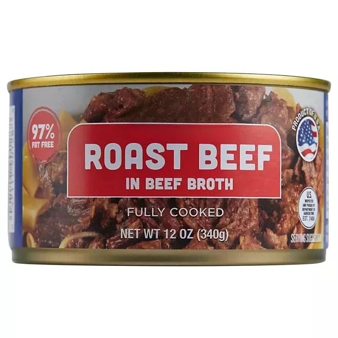 Generic roast beef in beef broth can 12oz 4-pack sliced, great for fast salads and sandwiches