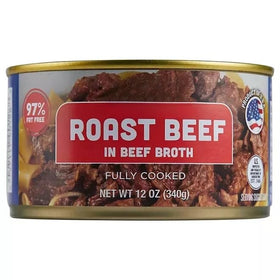 Generic roast beef in beef broth can 12oz 4-pack sliced, great for fast salads and sandwiches