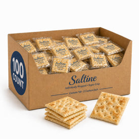 Generic Saltine Crackers 100-pack set of individually wrapped portions for easy serving.
