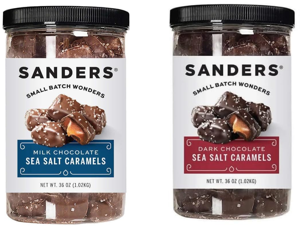 Generic Sanders dark chocolate sea salt caramels on a platter, ideal for gifting