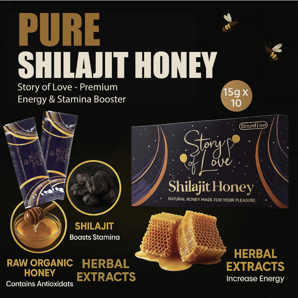 Generic Shilajit Honey amber jar close-up with creamy texture for easy drizzle.
