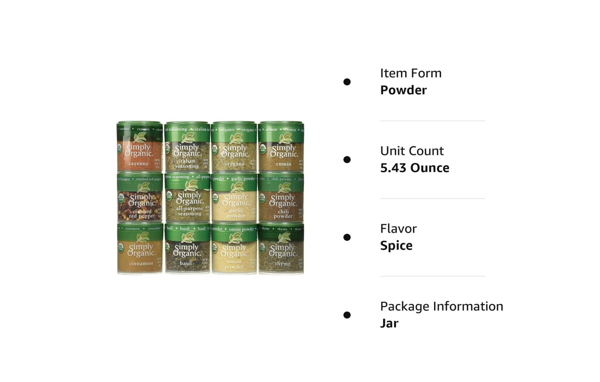 Generic Simply Organic spices in labeled bottles on a spice rack for organized cooking.