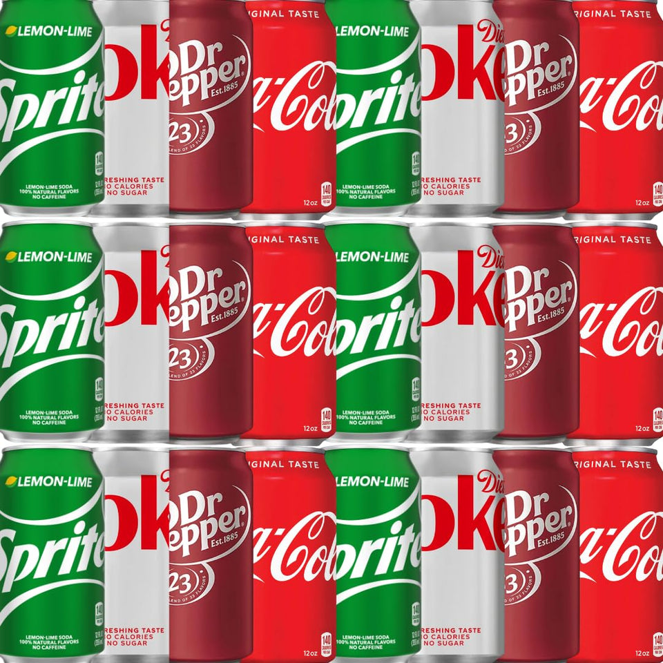 Generic soft drink assortment with four flavors for office refreshment and home entertaining