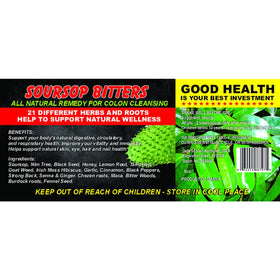 Generic Soursop Bitters bottle pour suggests after-meal digestion support.