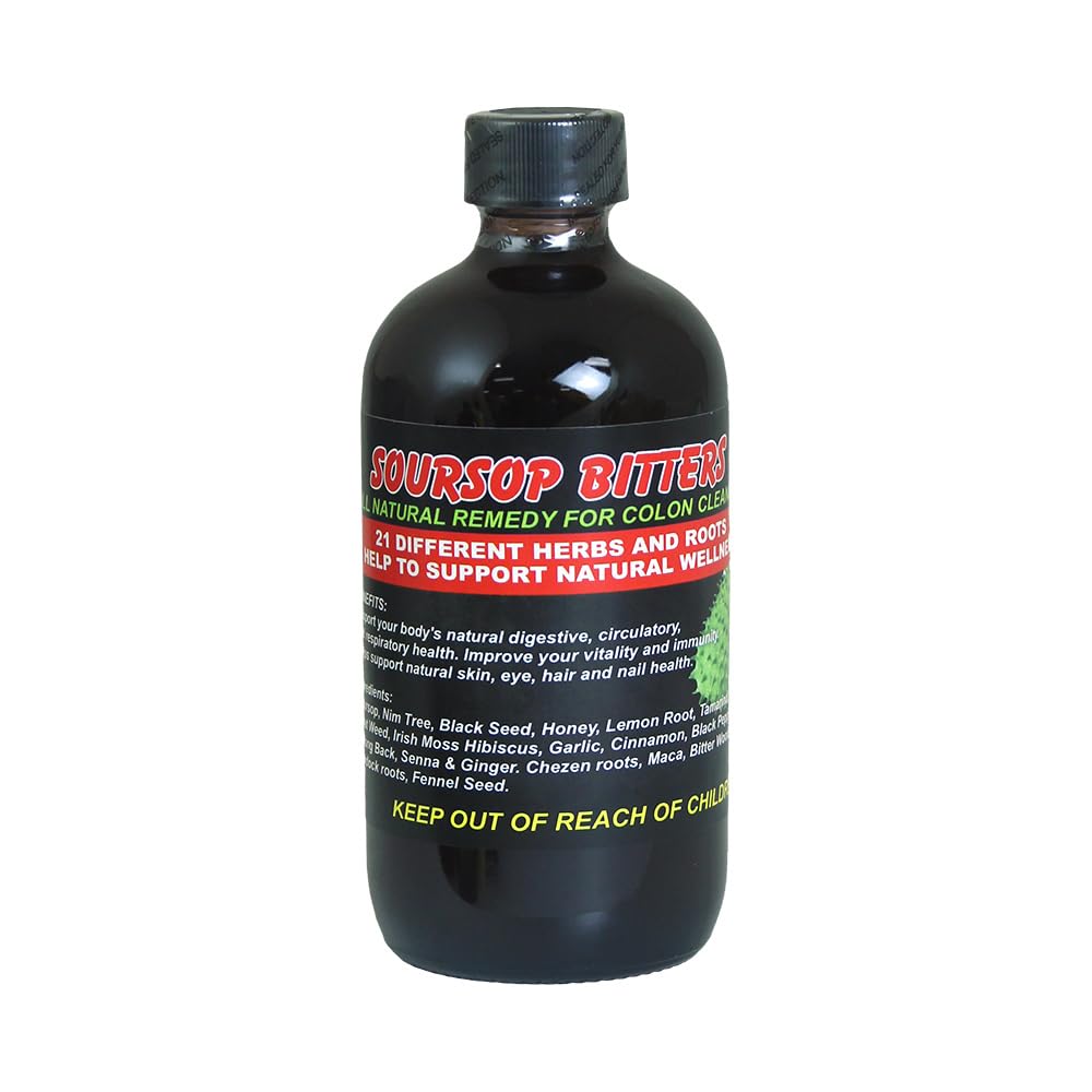 Generic Soursop Bitters bottle on counter promotes daily wellness.