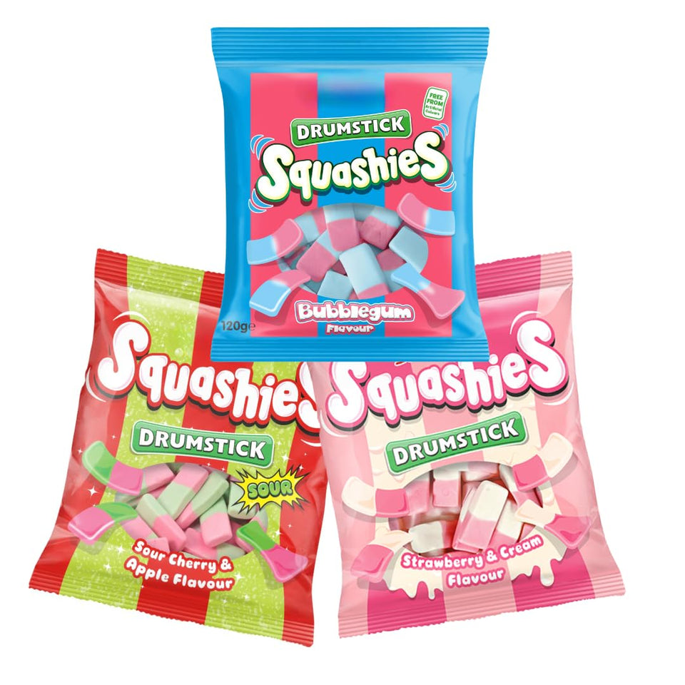 Generic Squashies Drumstick Variety Pack with three 120g bags, ideal for shared snacking.