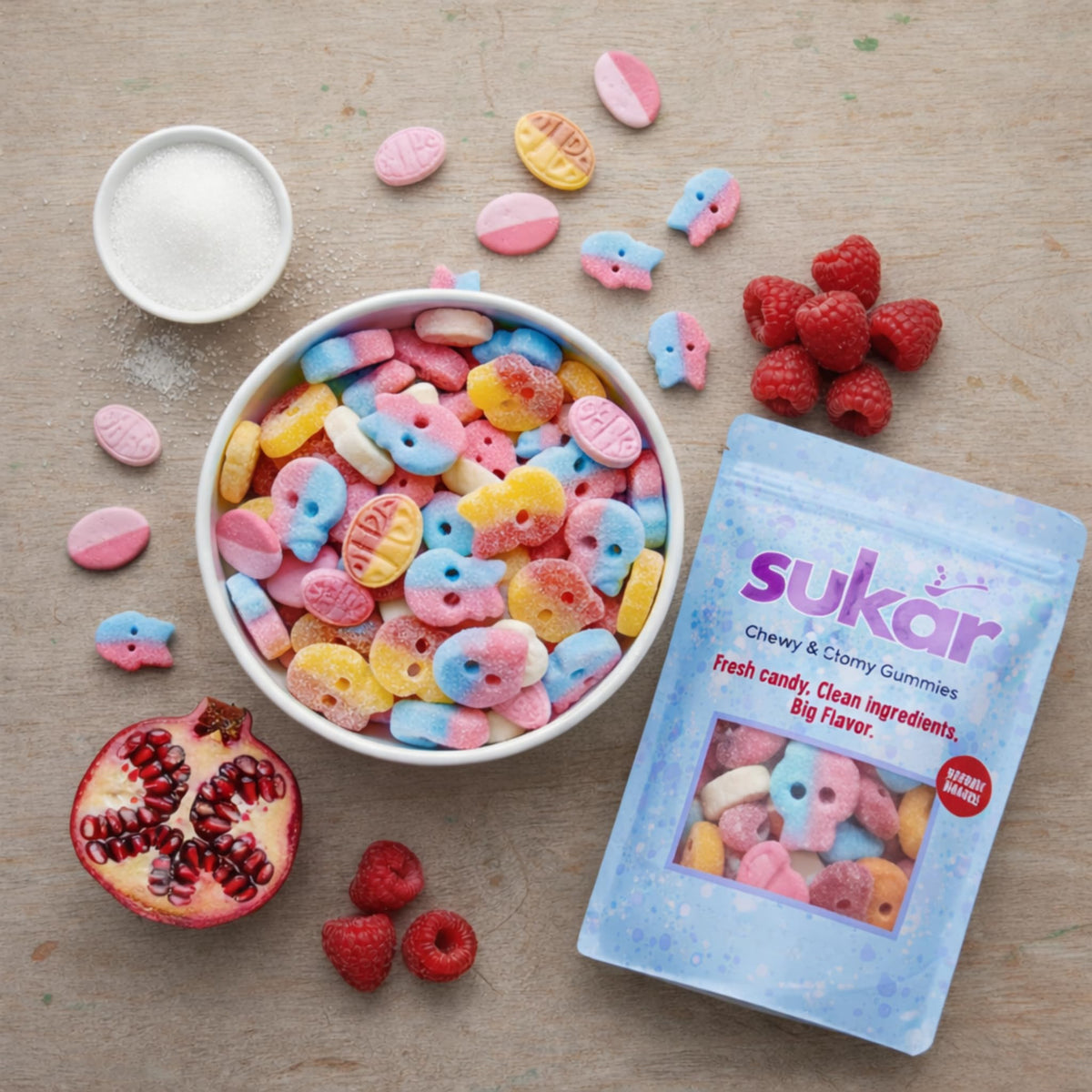 Generic SUKAR Bubs resealable pouch keeps candy fresh on the go