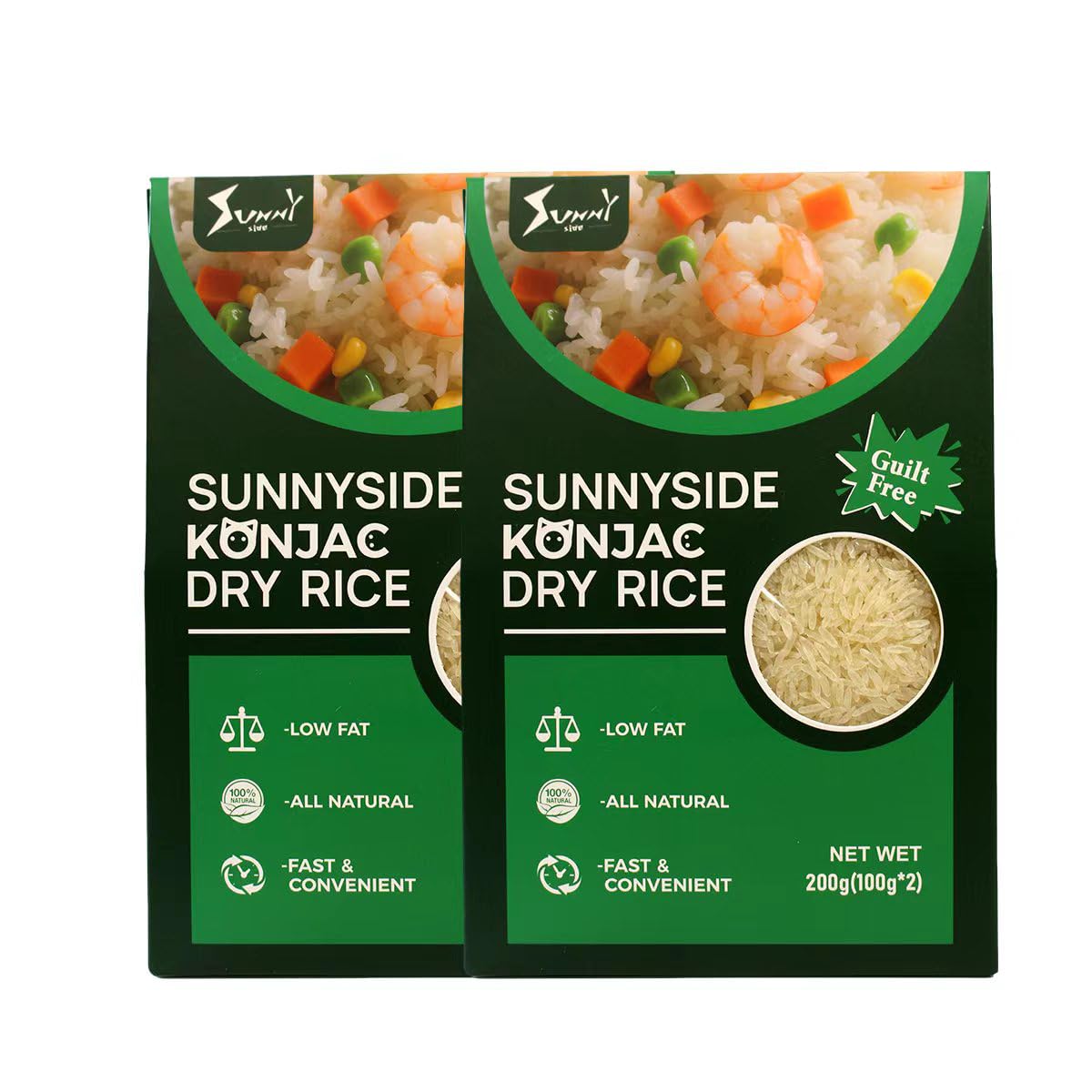 Generic Sunnyside dry shirataki rice pack front view highlighting quick, ready-to-cook convenience for busy meals