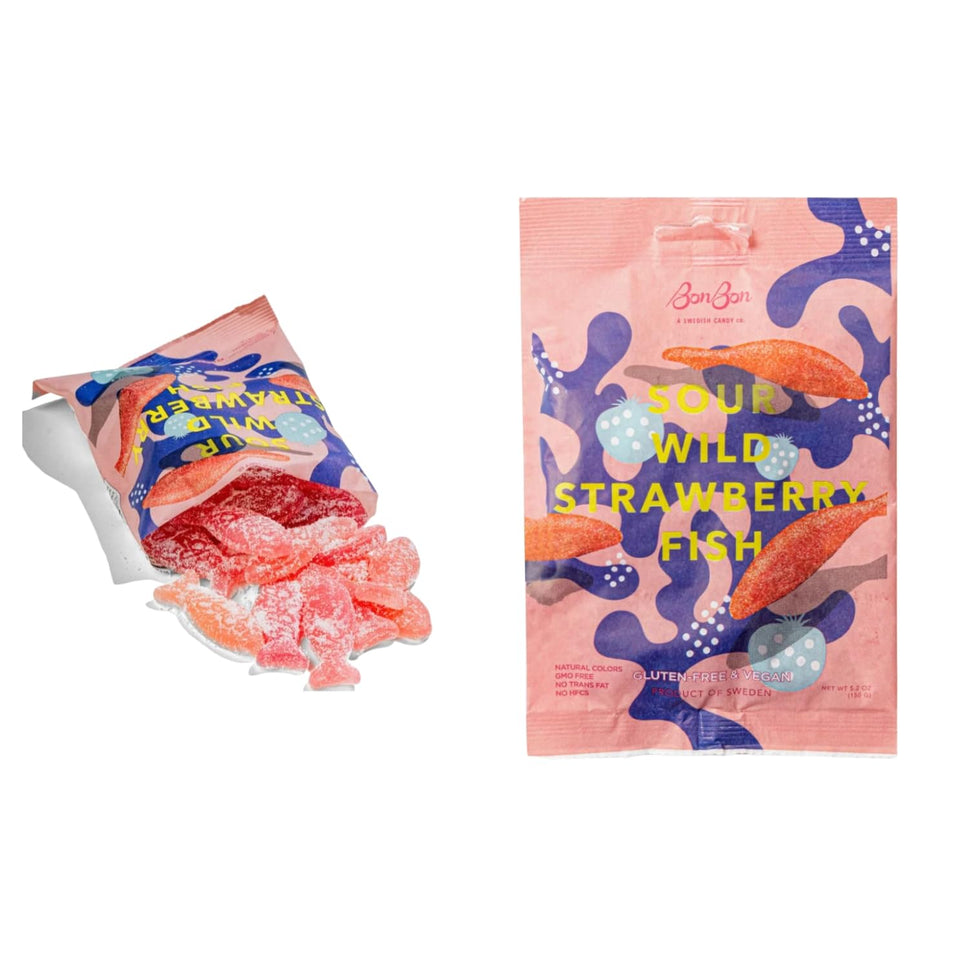 Generic Sour Blackberry Fish bon-bon gummies, vegan and gluten-free snack.