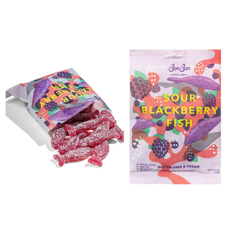 Generic Sour Blackberry Fish bag front shows vegan, gluten-free candy ideal for snacking