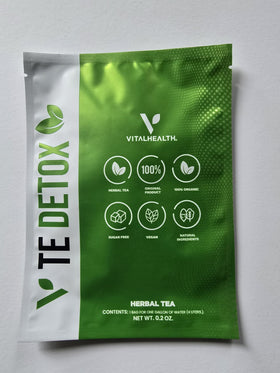 Generic TE DETOX herbal tea bag close-up highlighting natural ingredients.