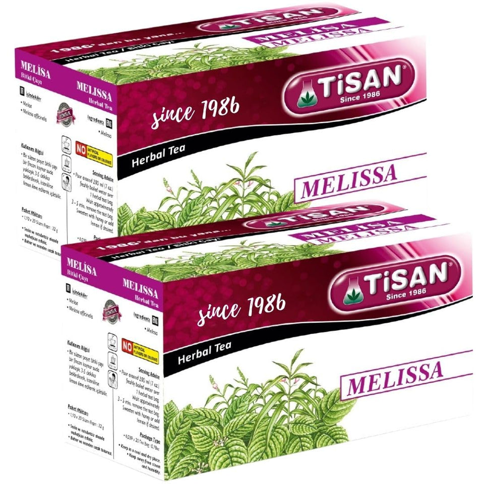 Generic Tisan Melissa Tea box with 40 caffeine-free bags for daily calm.