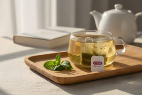 Generic Tisan Melissa Tea cup shows a pale citrusy infusion.