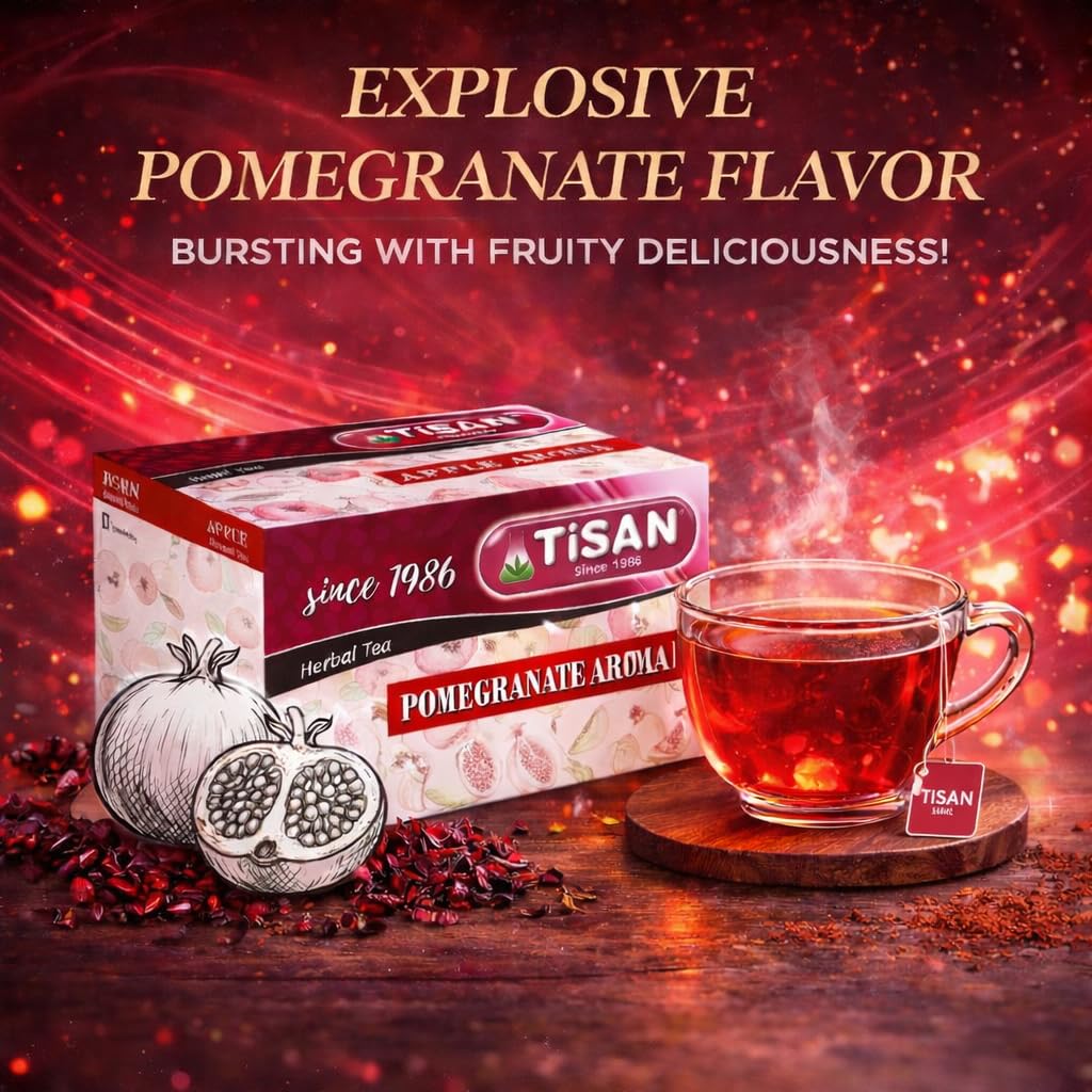 Generic Tisan Pomegranate hot tea served in a cup, delivers bold tart notes and comfort.