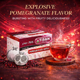 Generic Tisan Pomegranate hot tea served in a cup, delivers bold tart notes and comfort.