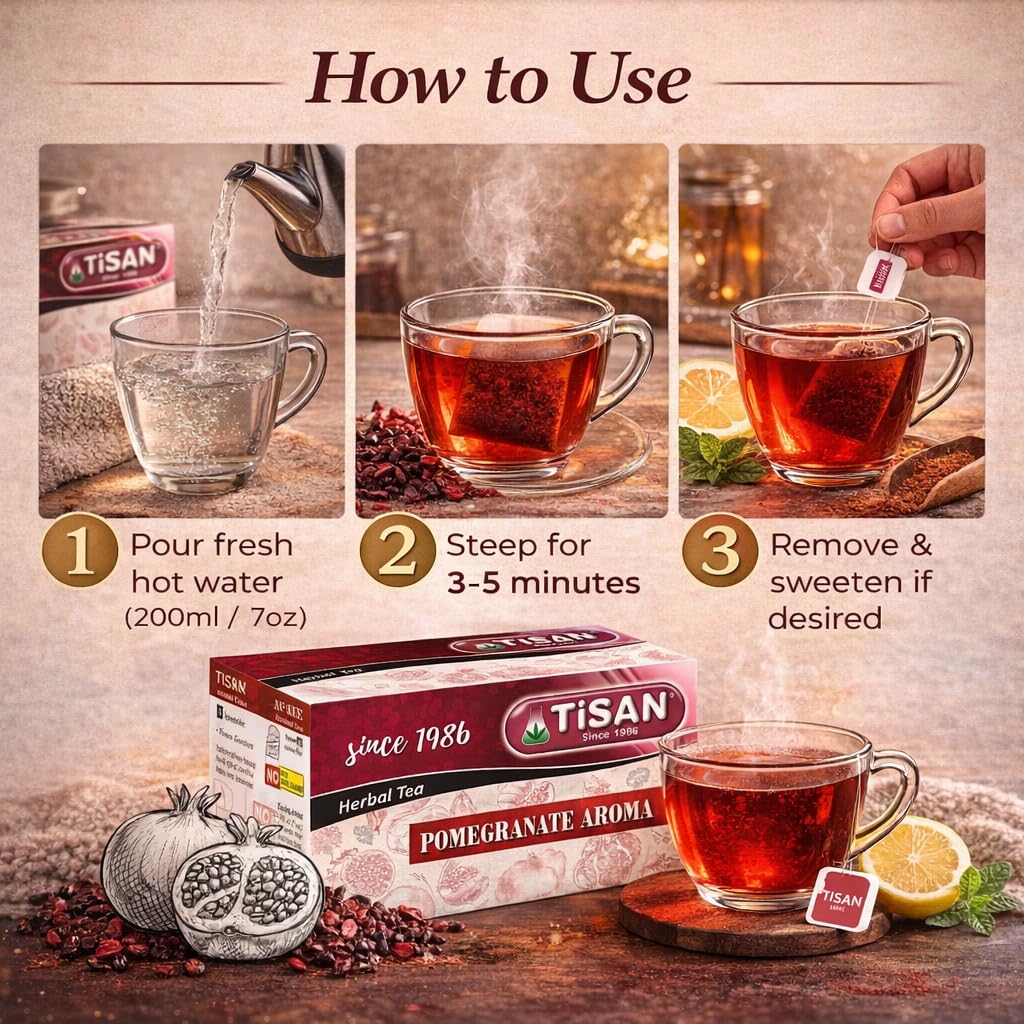 Generic Tisan Pomegranate packaging close-up, 40 individually wrapped tea bags for freshness.